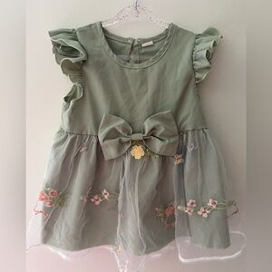 Elegant Sage Green Kids Dress with Floral Embroidery